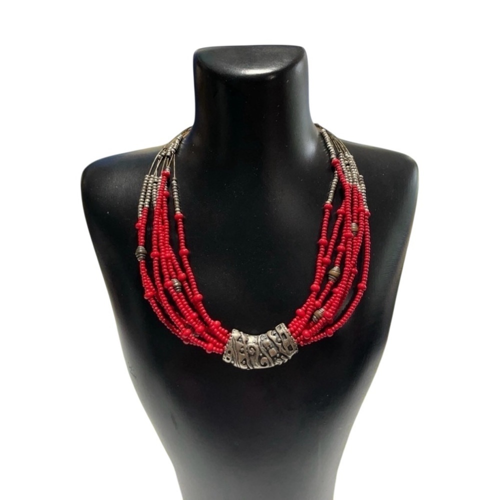 Chico’s Red and Silver Beaded Necklace, Choker, Vintage. Tribal charm design